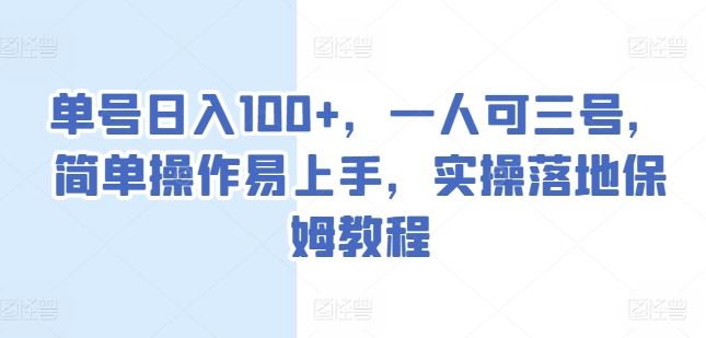 单号日入100 ，一人可三号，简单操作易上手，实操落地保姆教程【揭秘】