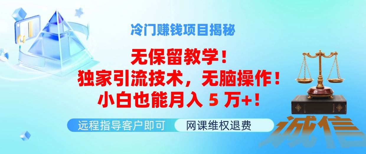 冷门赚钱项目无保留教学！独家引流技术，无脑操作！小白也能月入5万 ！