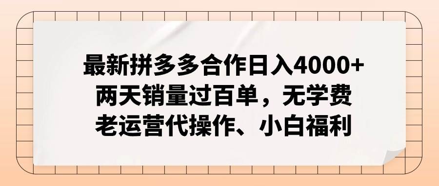 最新拼多多合作日入4000 两天销量过百单，无学费、老运营代操作、小白福利