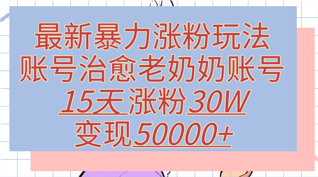 最新暴力涨粉玩法，治愈老奶奶账号，15天涨粉30W，变现50000 【揭秘】