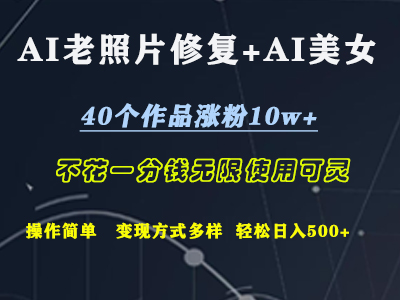 AI老照片修复 AI美女玩发  40个作品涨粉10w   不花一分钱使用可灵  操作简单  变现方式多样话   轻松日去500 