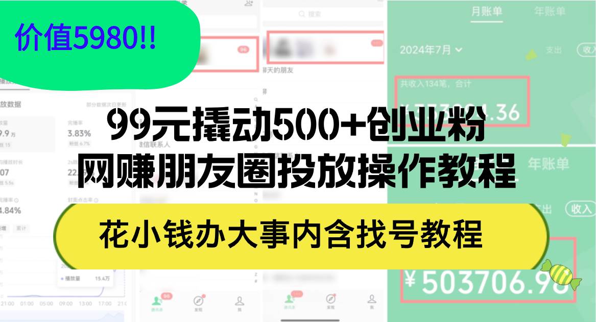 99元撬动500 创业粉，网赚朋友圈投放操作教程价值5980！花小钱办大事内...