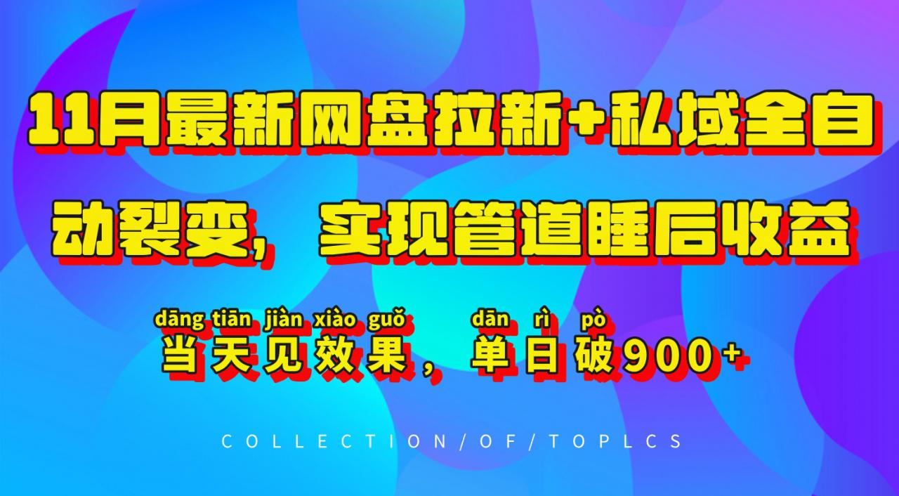 11月最新网盘拉新 私域全自动裂变，实现管道睡后收益，当天见效果，单日破900 