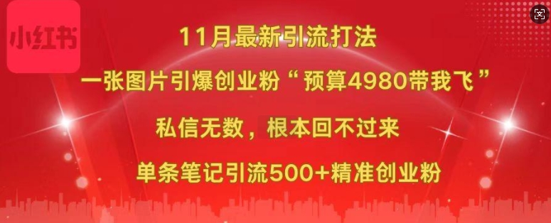 小红书11月最新图片打粉，一张图片引爆创业粉，“预算4980带我飞”，单条引流500 精准创业粉